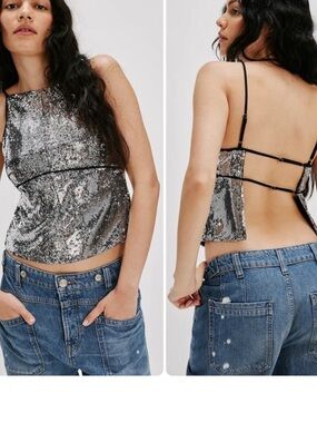 Free People Silver Sequin Backless Cami Top